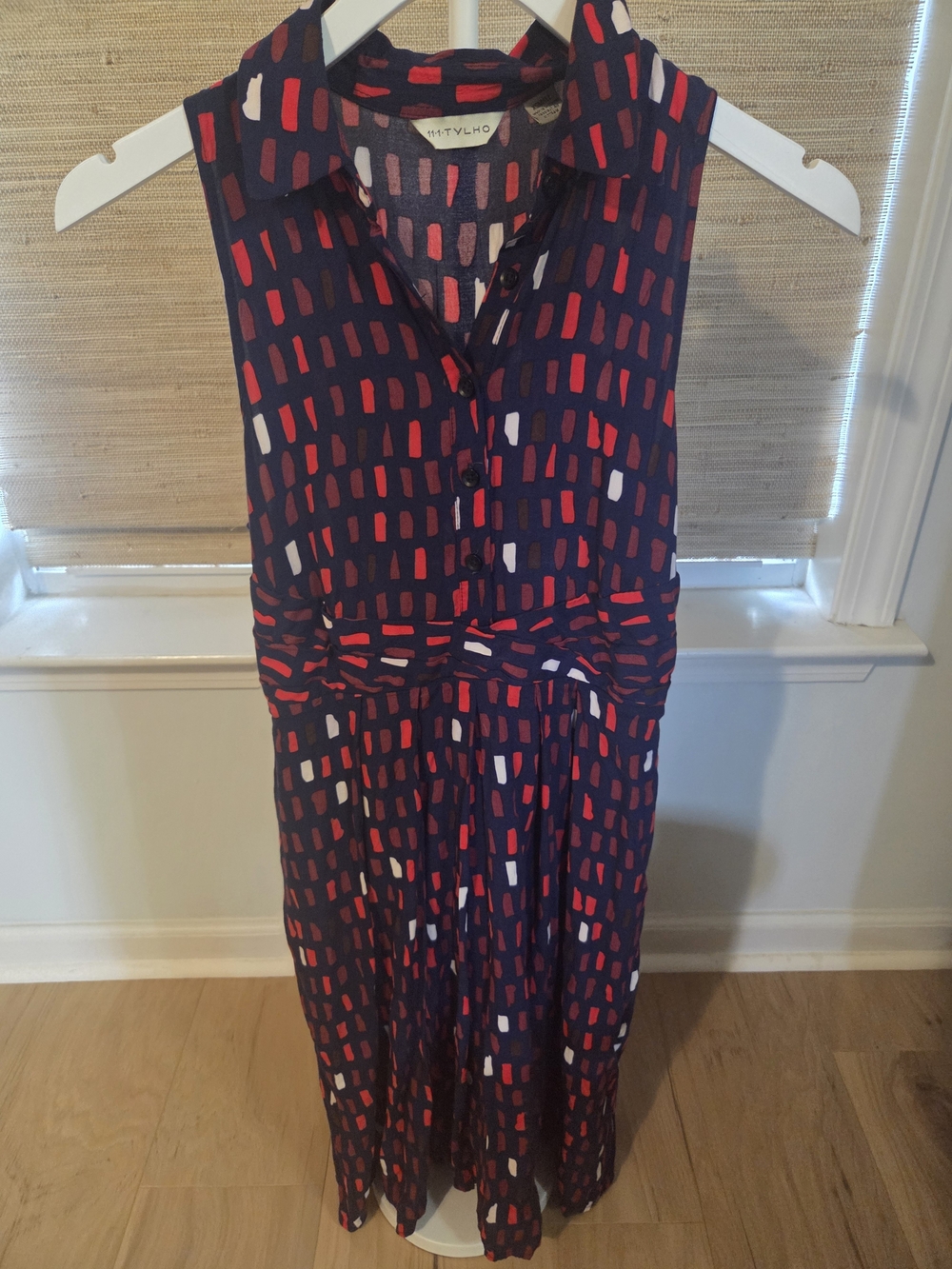 Anthropologie Navy Flared Dress with Red & White Abstract Print